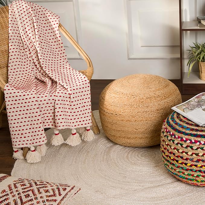 REDEARTH · Jute Circular Jute Pouf Ottoman - Braided Pouffe Accent Sitting Round Footrest for Living Room, Bedroom, Nursery, kidsroom, Patio, Gym; 100% Jute (19.5"x19.5"x14"; Jute Natural)