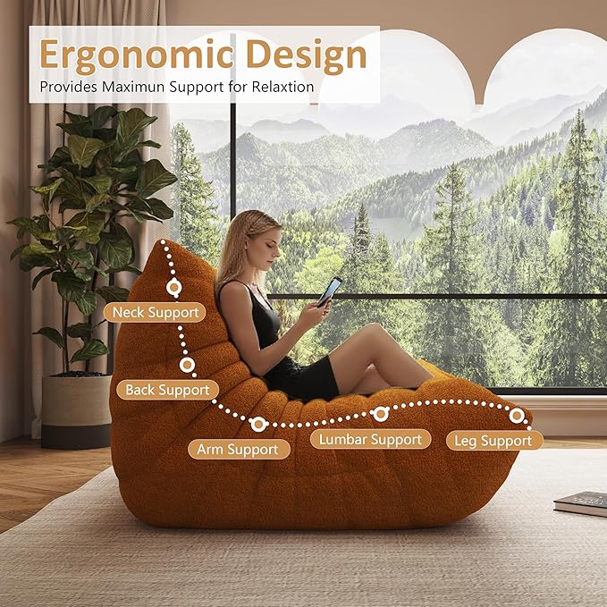 Bean Bag Chair, Oversized Bean Bag Chair for Living Room, Fireside Chair for Adults with Memory Foam Filled, Big Accent Lounge Floor Sofa for Reading, Relax, No Assembly Required. (Yellow 3-Seater)