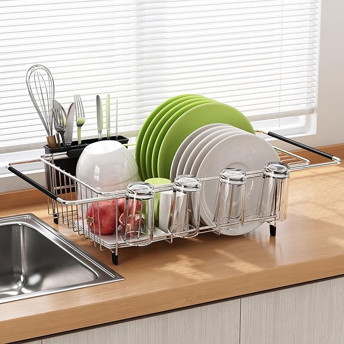 Dish Drying Rack in Sink, Expandable Stainless Steel Dish Drainers for Kitchen Counter, Dish Dryer Rack for Inside Sink, Over The Sink Dish Racks with Utensil Holder, Silver