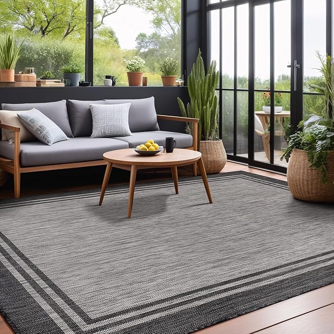 Bordered Outdoor Rug 9x12 Washable Outside Carpet for Indoor Patio Porch Waterproof Easy Cleaning Non Shedding Area Rugs Dark Gray 9 x 12