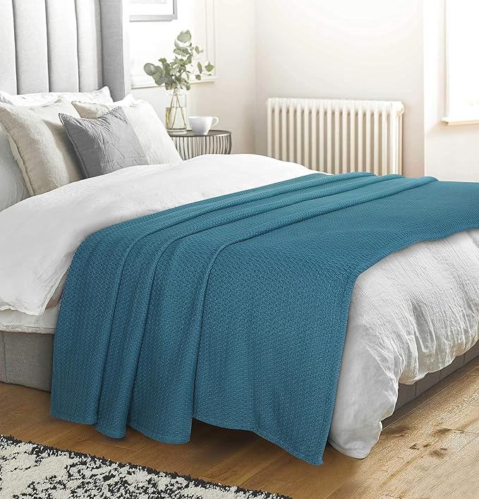Elvana Home 100% Cotton Bed Blanket, Breathable Bed Blanket King Size, Cotton Thermal Blankets King, Perfect for Layering Any Bed for All Season, Teal Green