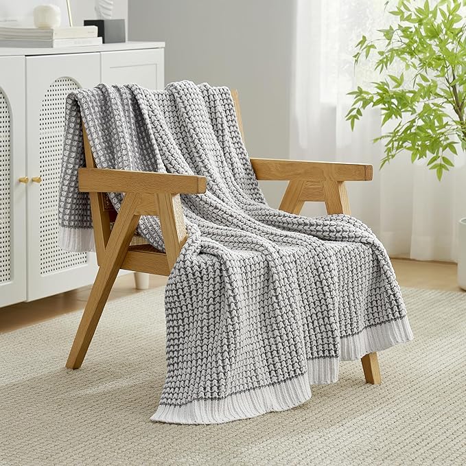 Amélie Home Chenille Waffle Throw Blanket for Couch, Reversible Pineapple Stitch Knit Soft Cozy Knit Blanket Lightweight Warm Decorative Throw for Sofa, Bed, Living Room, 50"x60", Grey&Ivory