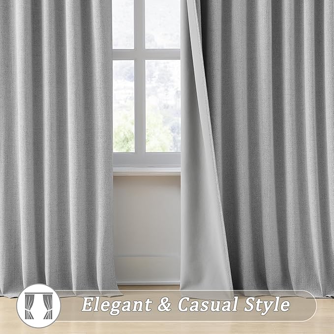RAIN CITY Grey Linen Blackout Curtains, 100% Light Blocking Textured, Thermal Back Tab Rod Pocket, 2 Panels with Hooks, 50 x 78
