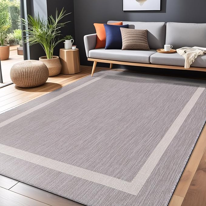 Bordered Outdoor Rug 8x10 Washable Outside Carpet for Indoor Patio Porch Waterproof Easy Cleaning Non Shedding Area Rugs Gray 8 x 10
