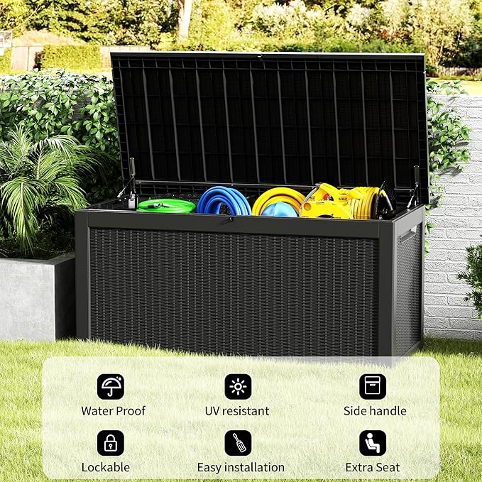 320 Gallon Resin Deck Box, Waterproof Outdoor Storage Bin for Patio Furniture, Pool Accessories, and Garden Tools, Lockable & UV-Resistant, Black