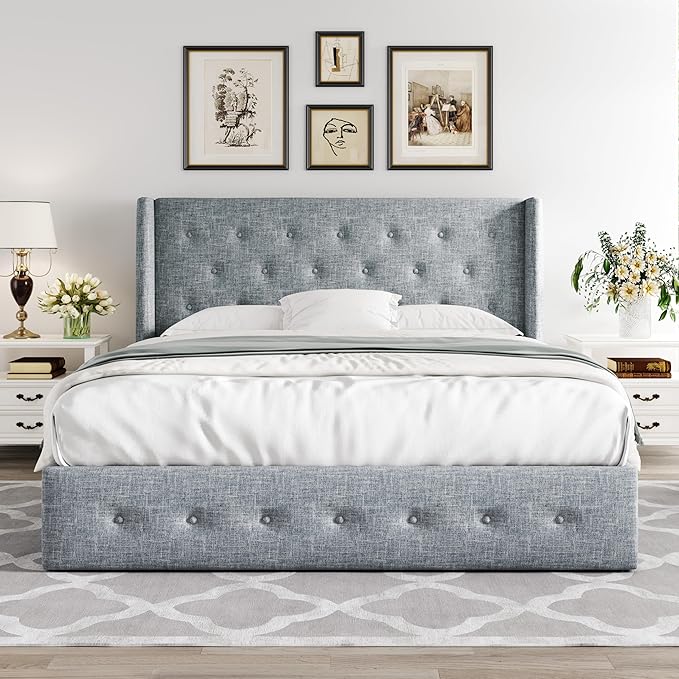 Allewie Full Size Lift Up Storage Bed, Button Tufted Headboard with Wingback, Hydraulic Support, No Box Spring Needed, Grey Blue