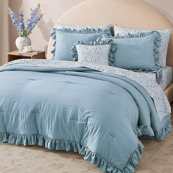 Full Comforter Set - 7 Pieces Ruffle Blue Bedding Sets, Shabby Chic Farmhouse Bed in a Bag Full with Ruffle Comforter, Floral Sheets, Pillowcases & Shams