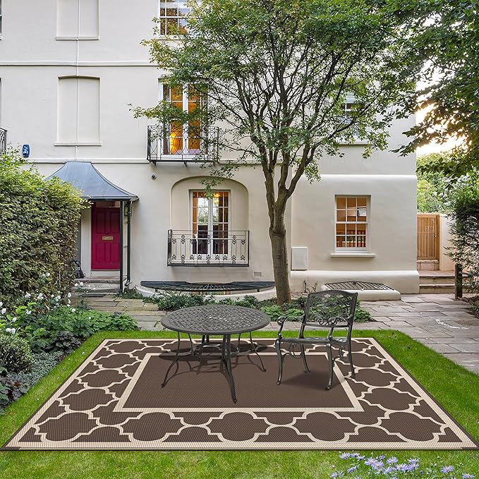 GENIMO Outdoor Rug 8' x 10' Patio Waterproof, Foldable Reversible Plastic Straw Area Rugs Mat for Camper Decor, Outside Carpet for Rv, Deck, Porch, Picnic, Beach, Balcony, Coffee & Beige