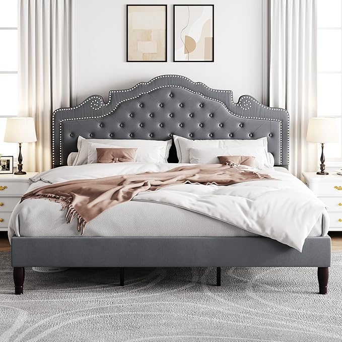 Allewie King Size Bed Frame with Adjustable Velvet Tiara Headboard, Upholstered Diamond Button Tufted Platform Bed, Wood Slats Support, No Box Spring Needed, Light Grey