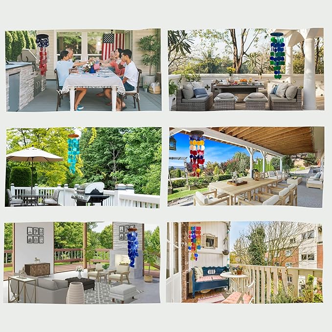 Bellaa 24858 Wind Chimes Outdoor, Garden Decorations, Musical, Indoor/Outside Windchimes, Beach, Ocean Breeze, Gifts for Mom, Gift for All Occasions, Capiz Sea Glass Shells Wood 27 inch Green Blue