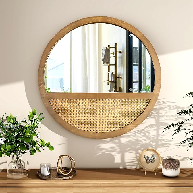 Rattan Round Mirror, 24 Inch Wall Mirror for Living Room Decor, Wooden Framed, Vintage Hanging Mirror, Hand-Woven for Wall Art Decoration
