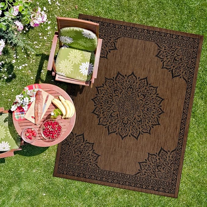 CAMILSON Outdoor Rug, 10x14 Medallion Nut Brown Black Modern Area Rugs for Large Indoor and Outdoor Patios, Kitchen and Hallway Mats, Washable Porch Deck Outside Carpet (Nut Brown Black, 10 x 14)