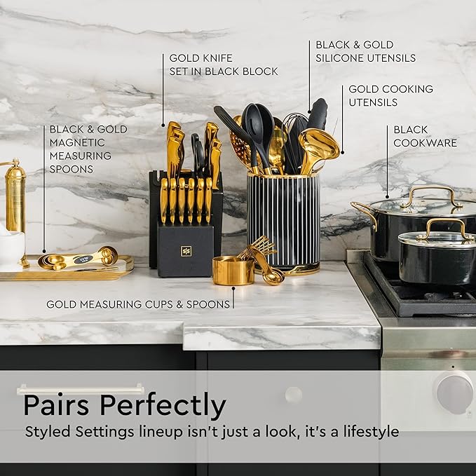 Black and Gold Kitchen Utensils Set - 19-PC Set Includes Stainless Steel and Silicone Cooking Utensils, Measuring Cups and Spoons - Black and Gold Kitchen Accessories for Stylish Cooking & Serving