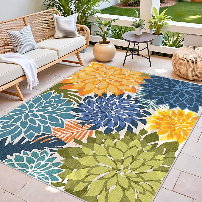 Indoor Outdoor Area Rug Washable Multicolored Patio Rug Tropical Botanical Modern Floral Indoor Outdoor Carpet Non Slip Yellow Green Rug Non Shedding for Patio, Deck, Backyard, Porch (6x9)