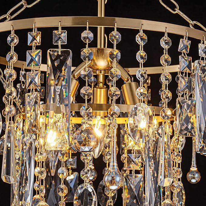 3-Lights K9 Crystal Chandeliers, Luxury Vintage Pendant Light Fixture for Dining Room, Living Room, D15*H20.4~66.8 inch (Adjustable), Clear Crystal & Gold Finish