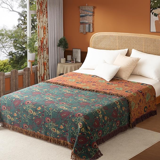 Boho Throw Blanket Twin Size, Soft Cozy Cotton Muslin Quilt Blanket for Bed Decor, Floral Patterned Couch Sofa Chair Cover, Vintage Farmhouse Cottage Tapestry Woven Blanket, Green&Orange