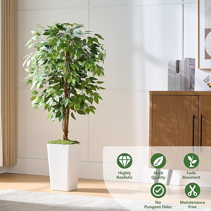 Artificial Ficus Tree 5FT Faux Floor Tree with Planter UV Resistant Potted Fake Silk Plant, Real Wood Trunk-Indoor Outdoor Lifelike Fake Ficus Tree for Home, Living Room Bedroom Topiary Tree