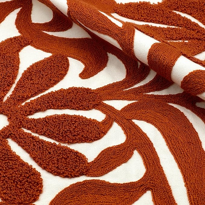 Alysheer Farmhouse Floral Leaves Embroidered Decorative Throw Pillow Cover 18x18 inches, Boho Tufted Flowers Embroidery Pattern Chic Cotton Cushion Case for Couch Bed Sofa Living Room(Burnt Orange)