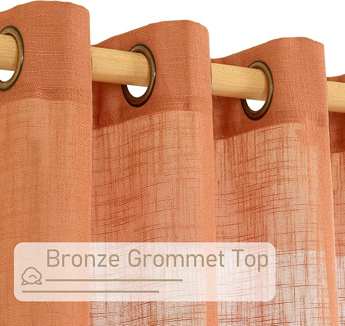 LAMIT Burnt Orange Sheer Linen Curtains 54 Inch Length, Light Filtering Panels Bronze Grommet Boho Farmhouse Decor Drapes for Bedroom/Living Room, 2 Panels, 52 x 54 Inch