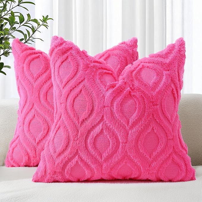 decorUhome Fall Throw Pillow Covers 20x20 Inch Set of 2, Soft Plush Decorative Faux Fur Hot Pink Solid Couch Pillow Covers, Accent Farmhouse Neutral Square Euro Pillow Cases for Sofa Bed Living Room