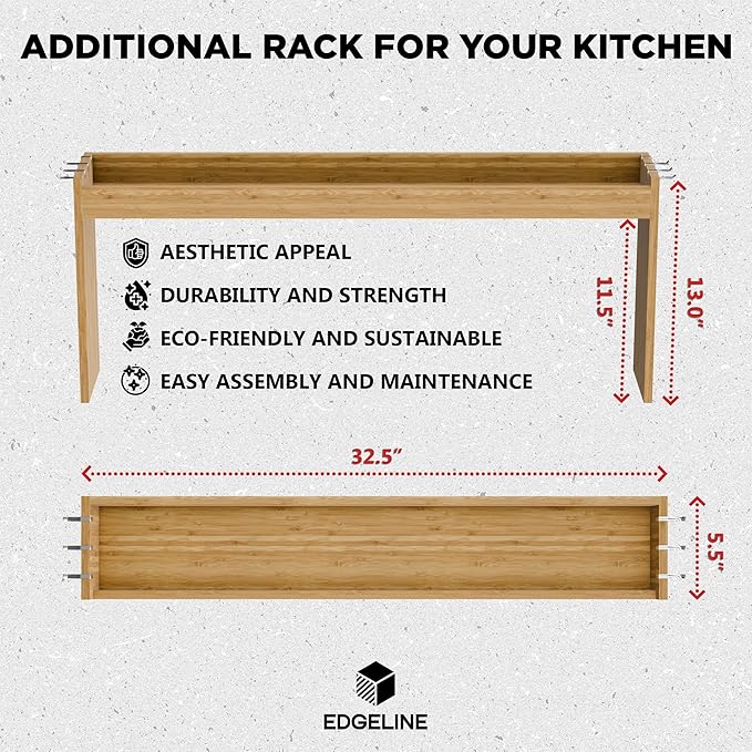 Edgecrest Bamboo Over The Stove or Sink Modern Spice Shelf, No Annoying Middle Screw, 31.5” Wide Storage, 11.4” High Countertop Shelf, 6 Side Hooks, Easy to Assemble, Eco-Friendly Durable Material