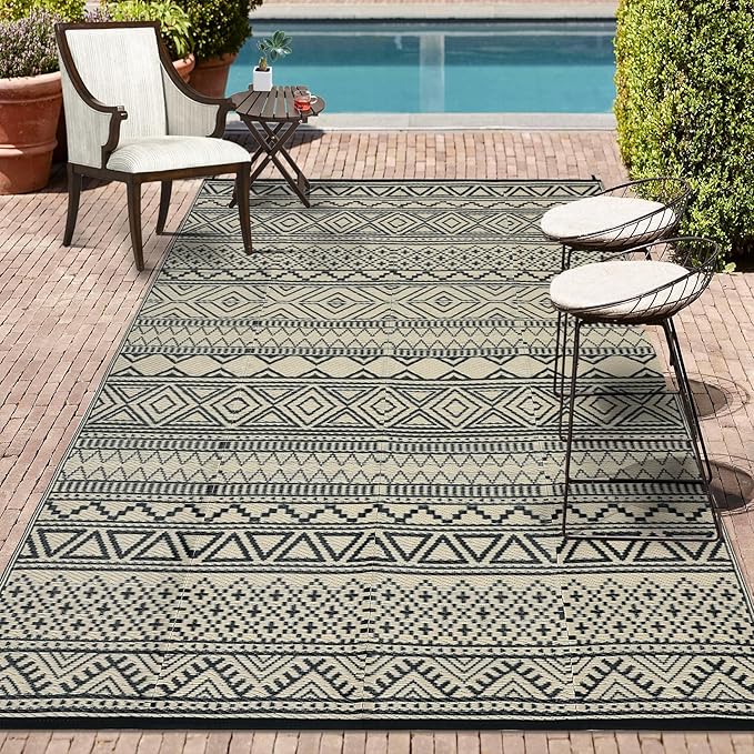 GAOMON Outdoor Rug for Patio 5'x8' Reversible Plastic Rugs Camping Mat for Outdoor, RV, Backyard, Deck, Balcony, Picnic, Beach, Black/Coffee(Bohemia)