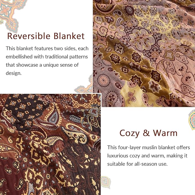 Boho Throw Blanket for Couch Sofa Bed, 100% Cotton Woven Quilt with Tassel 80”x90”, Super Soft Muslin Blanket with Patchwork Printed, Decorative Reversible Bed Blanket/Cover for All Seasons