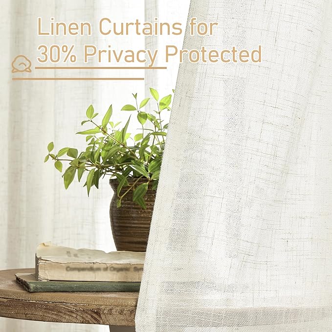 LAMIT Living Room Linen Curtains 95 Inch for Bedroom, Bronze Grommet Linen Textured Sheer Curtains Light Filtering Burlap Panels for Farmhouse, 2 Panels, 52 x 95 Inch, Cream