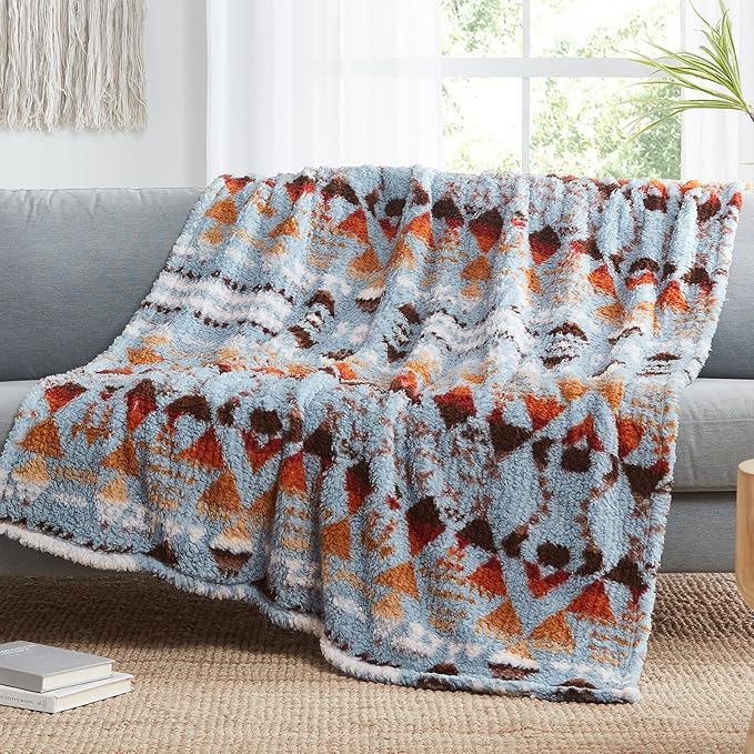 CASAAGUSTO Boho Sherpa Blanket,Teal Aztec Twin Blanket, Ultra Soft, Warm, Cozy, Plush, Thick Fleece Western Blanket for Couch, Bed, Sofa (Blue Grey 60 * 80 Inch)