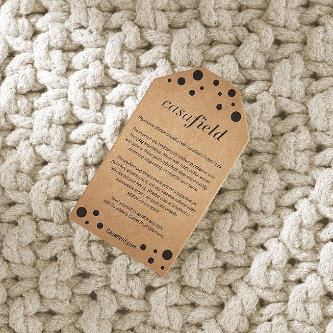 Casafield Square Pouf Ottoman, Natural - 18.5" W x 18.5" D x 14.5" H Cotton Knit Foot Stool - Boho Floor Pouffe for Living Room, Bedroom, Home Office