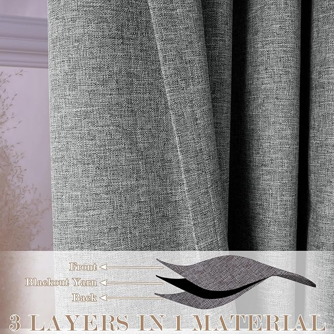 100% Blackout Linen Textured Drapes for Bedroom Pinch Pleated Curtains for Track System Portable Drapery for Sliding Glass Door/Storage/Space Room Divider, 70" Wx102 L, 1 PC, Mid Grey