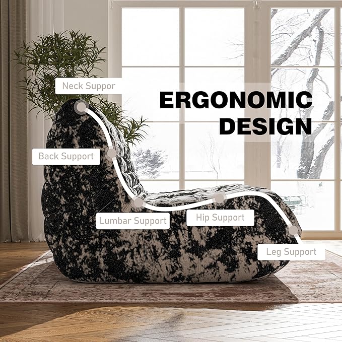 Bean Bag Chair, Loveseat Fireside Chair Bean Bag Sofa Large Bean Bag Chair for Adults, 2 Seater Bean Bag Chairs for Teens with High Density Comfortable Foam, Bean Bag for Living Room (Black Pattern)