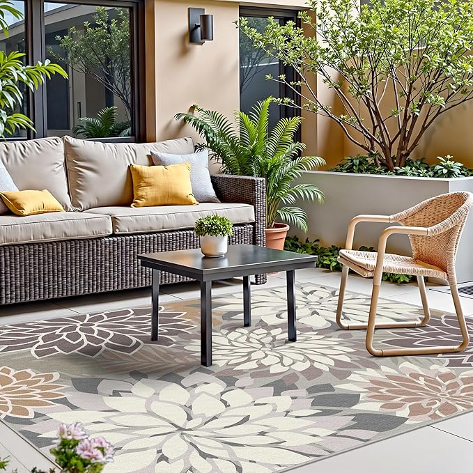 Indoor Outdoor Area Rug Washable Multicolored Patio Rug Tropical Botanical Modern Floral Indoor Outdoor Carpet Brown White Rug Non Slip Non Shedding for Patio, Deck, Backyard, Porch (9x12)