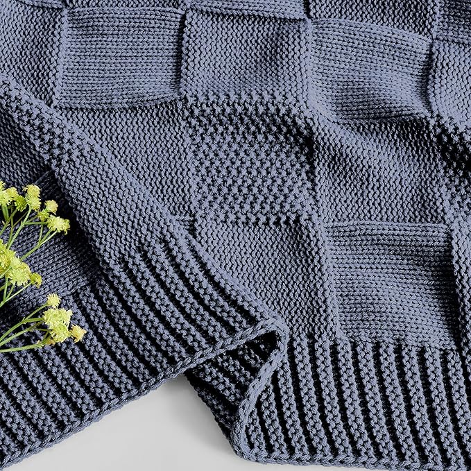CozeCube Check Knit Throw Blanket, Steel Blue Checkered Throw for Couch, Decorative Christmas Soft Cozy Warm Knitted Blanket for Bed Sofa Living Room, 50"X60"