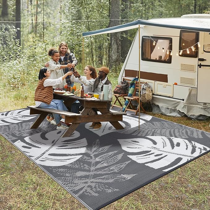 GAOMON Outdoor Rug Waterproof 9x12 Outdoor Plastic Straw Rug for Patio, Reversible Modern Camping Mat with Bag & Stakes, UV Resistant & Easy to Clean Carpet for RV, Deck, Balcony, Grey