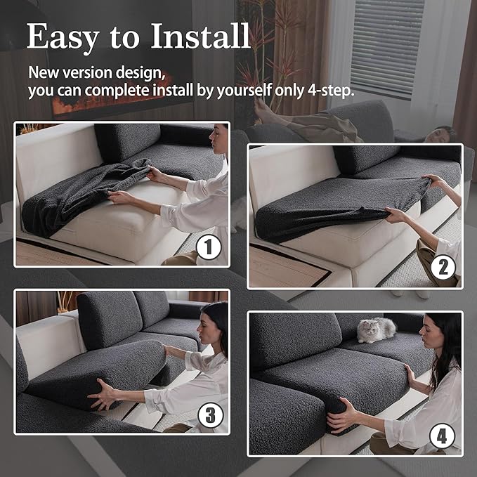 Couch Cushion Covers for Sectional Sofa, Stretch Soft Sofa Slipcovers Washable Wear-Resistant Universal Furniture Protector for Living Room(2 Seaters Covers+1 Chaise Cover, Dark Gray)