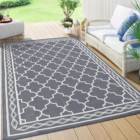 GAOMON Outdoor Rug for Patio 5'x8' Reversible Plastic Rugs Camping Mat for Outdoor, RV, Backyard, Deck, Balcony, Picnic, Beach, Grey/White(Geometric)