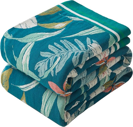 Boho Throw Blanket Full Size, Extra Large Soft Cozy Cotton Muslin Quilt Blanket for Bed Decor, Floral Patterned Couch Sofa Chair Cover, Vintage Farmhouse Cottage Woven Blanket, Teal&Green