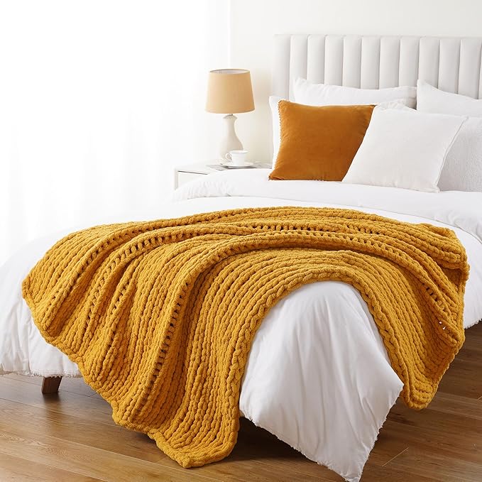 Battilo Chunky Knit Throw Blanket, Soft and Thick Chenille Throw Blanket, 50"x60" Handmade Cable Knit Crochet Blanket, Large Rope Knot Throw Blankets for Couch Sofa Bed Home Decor, Mustard