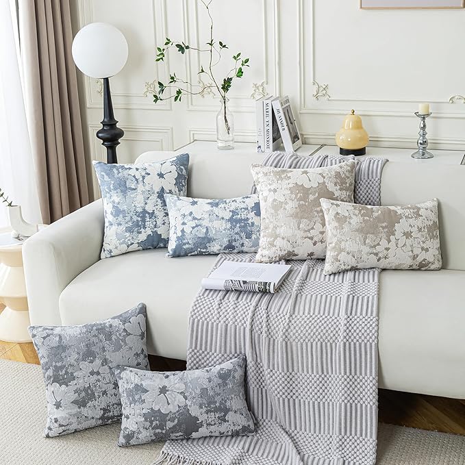 Jacquard Throw Pillow Covers 18x18 Inch Set of 2 - Vintage Floral Boho Pillow Cases with Botanical Pattern | Farmhouse Decor for Couch Living Room | Soft Textured Neutral Trio Dusty Blue 18" x 18"