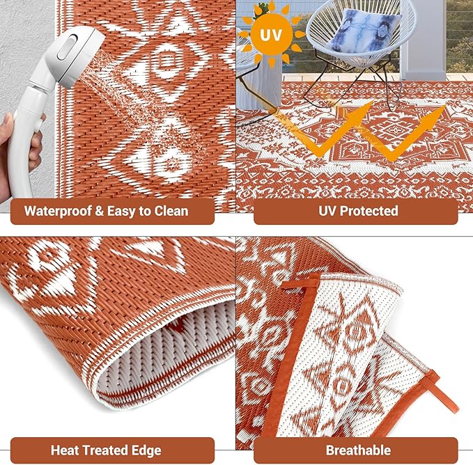 GAOMON Outdoor Rug for Patio 9x18 Waterproof Reversible Plastic Straw Rug, Large UV-Resistant Portable RV Camping Mats, Indoor Outdoor Medallion Carpet for Outside Deck Porch Garden, Red & White