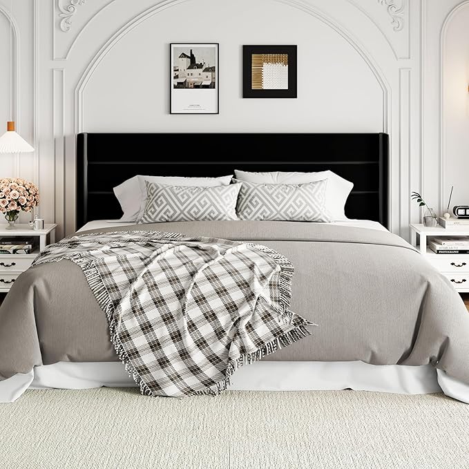 Allewie King Size Velvet Lift Up Storage Bed, Modern Wingback Headboard, Hydraulic Support, No Box Spring Needed, Black