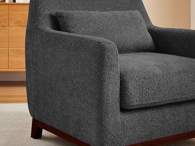 Extra Deep Accent Chair, Comfy Fabric Armchair with Wood Base, Upholstered Single Sofa Chair for Living Room & Bedroom, Boucle Dark Gray