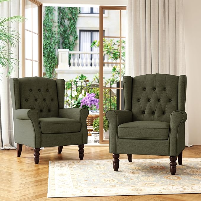 Accent Chair, Upholstered Armchair with Button Tufted High Back & Solid Wood Legs, Comfy Wingback Reading Single Sofa Chair for Small Spaces, Living Room, Bedroom (Green, Set of 2)
