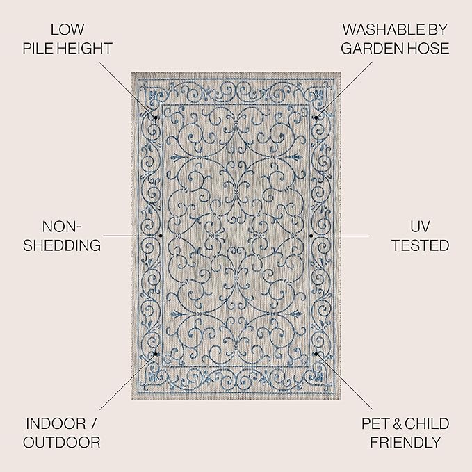 JONATHAN Y Vintage Filigree Indoor Outdoor Round Area Rug 4 Ft Gray/Navy, Charleston Textured Weave for Backyard, Patio, Porch, Easy-Cleaning, High Traffic, Pet-Friendly, Non-Shedding (SMB106C-4R)
