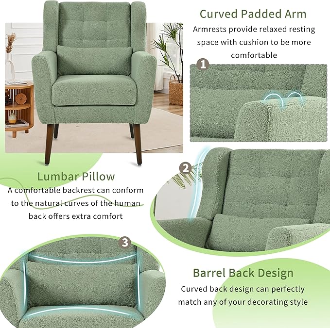 Accent Chair Set of 2, Upholstered Armchair with Pillow, Teddy Single Sofa Chair with Lounge Seat and Wood Legs for Living Room Small Spaces