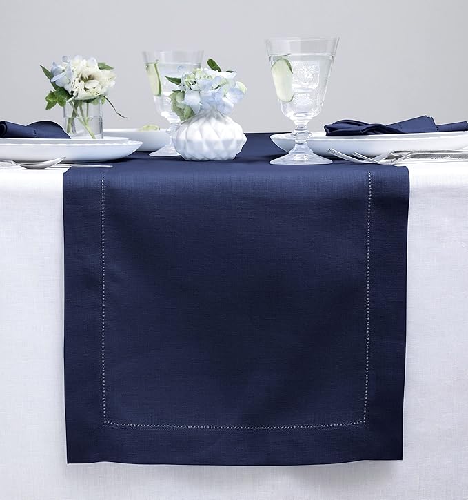 Solino Home Linen Navy Table Runner 36 Inches - Classic Hemstitch, 100% Pure Linen Coffee Table Runner 14 x 36 Inch Ideal for Dresser Tables - Fall, Autumn, Halloween, Thanksgiving