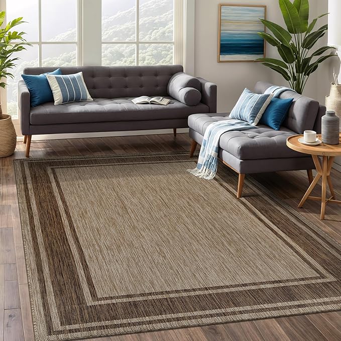 Beverly Rug Outdoor Rug 8x10 Modern Bordered Area Rugs for Indoor and Outdoor Patio Deck Porch Garden Waterproof Weather Sun Resistant Washable Outside Carpet (8 x 10 Jute)