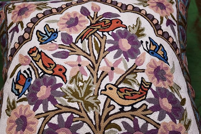 Tree of Life Pillow Cover Lavender Floral Pillowcase Botanical Flower Pillows Plants Farmhouse Traditional Chair Cushions Needlepoint Hand Embroidered Wool Size - 18x18