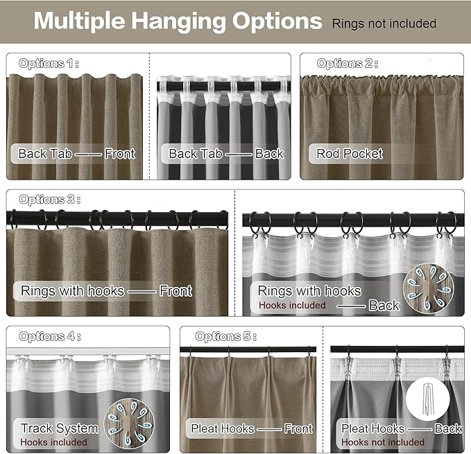 RAIN CITY 90 Inch Long Blackout Curtains 2 Panels Set,70 Inch Wide Back Tab Pleated Curtains with Hooks Track System,Energy Efficinet Linen Blend Drapes for Dining Room Hoom Office 70x90,Linen Brown